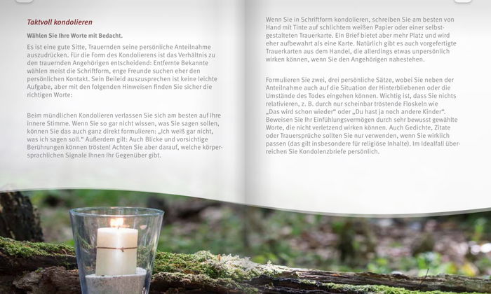 geöffnete Buchseite mit Kerze in Wald, wie taktvoll zu kondolieren